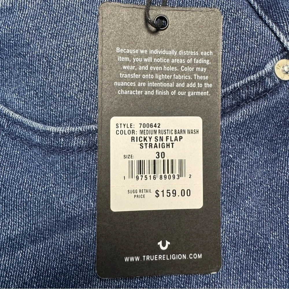 NWT New $159 True Religion Ricky Straight Leg Flap Pockets Jeans Size 30 x 33